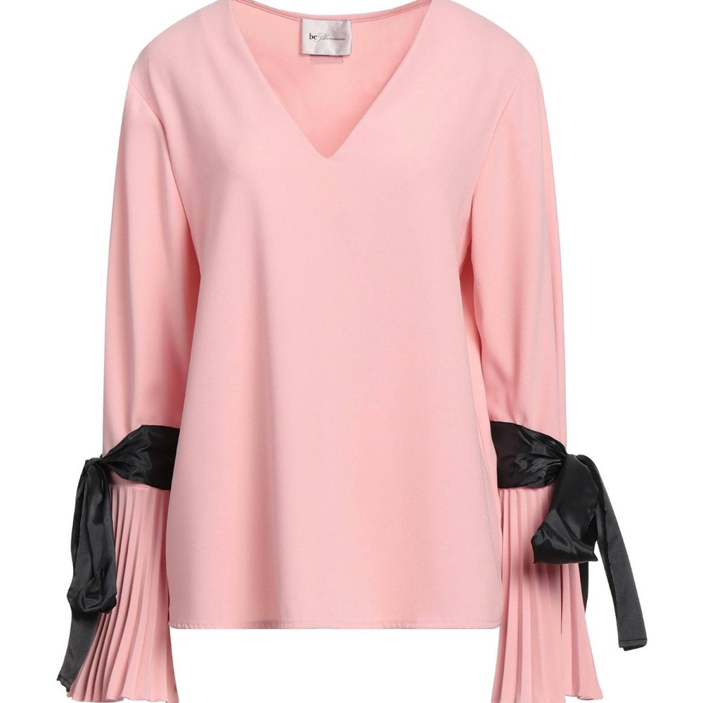 Pink Blouse with Long Bell Sleeves and Tie Front